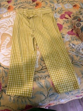 Ann Taylor Belted Paper Bag Ankle Pants Yellow Gingham
